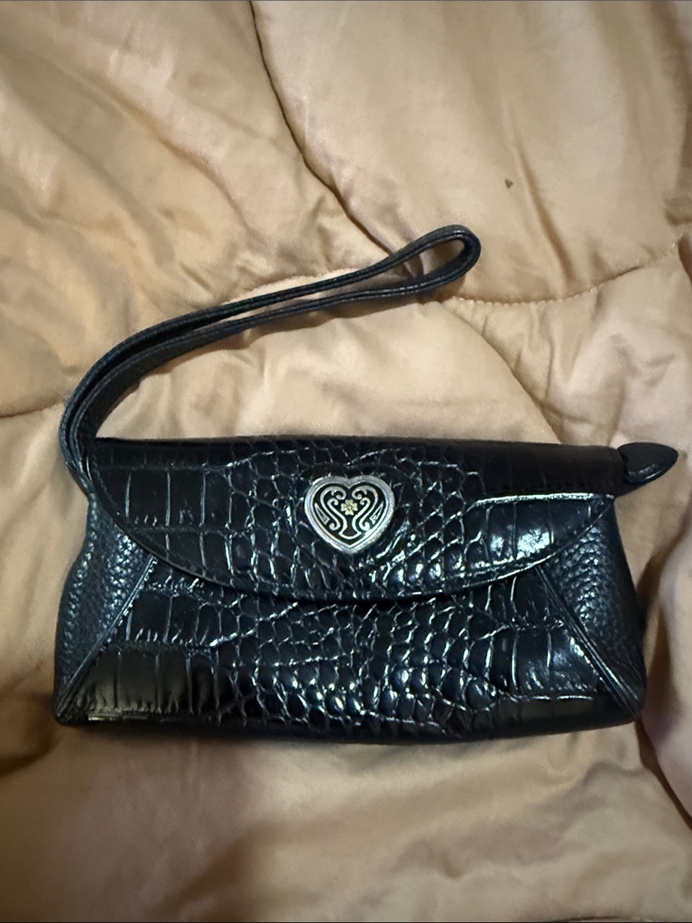 Black Croc-Embossed Wristlet Clutch with Heart Accent